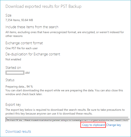 copy key to export office 365 mailbox