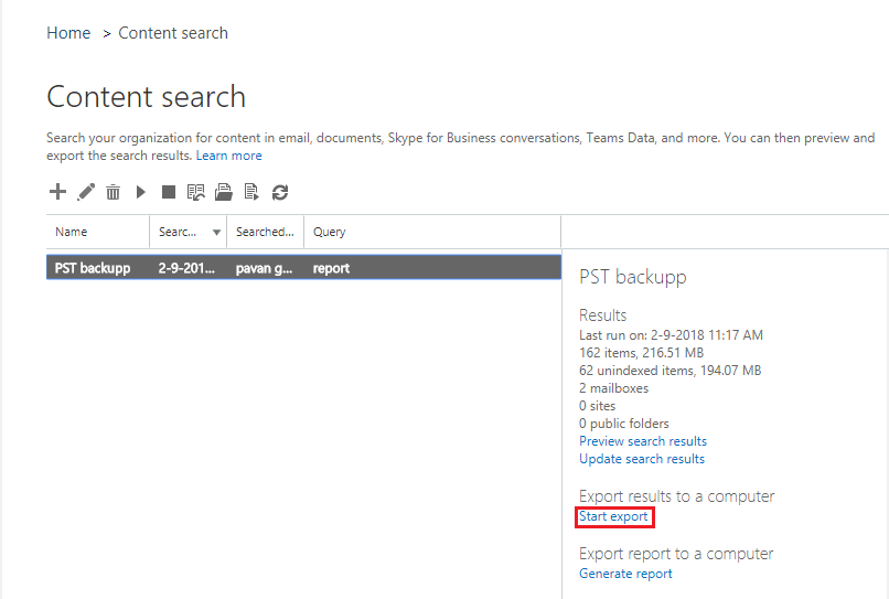 Start export PST from Office 365 Mailbox